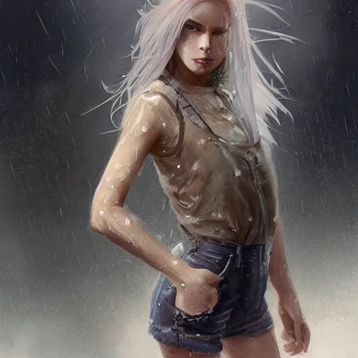 Prompt: witch, soft eyes and narrow chin, dainty figure, long hair straight down, torn overalls, short shorts, combat boots, wet tshirt, raining, basic white background, side boob, symmetrical, single person, style of by Jordan Grimmer and greg rutkowski, crisp lines and color,