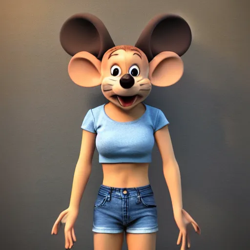 Image similar to 3 d render, portrait, upper body shot, mid shot, anthropomorphic mouse, female, wearing denim short shorts and a off yellow tank top shirt, in the style of robben hood