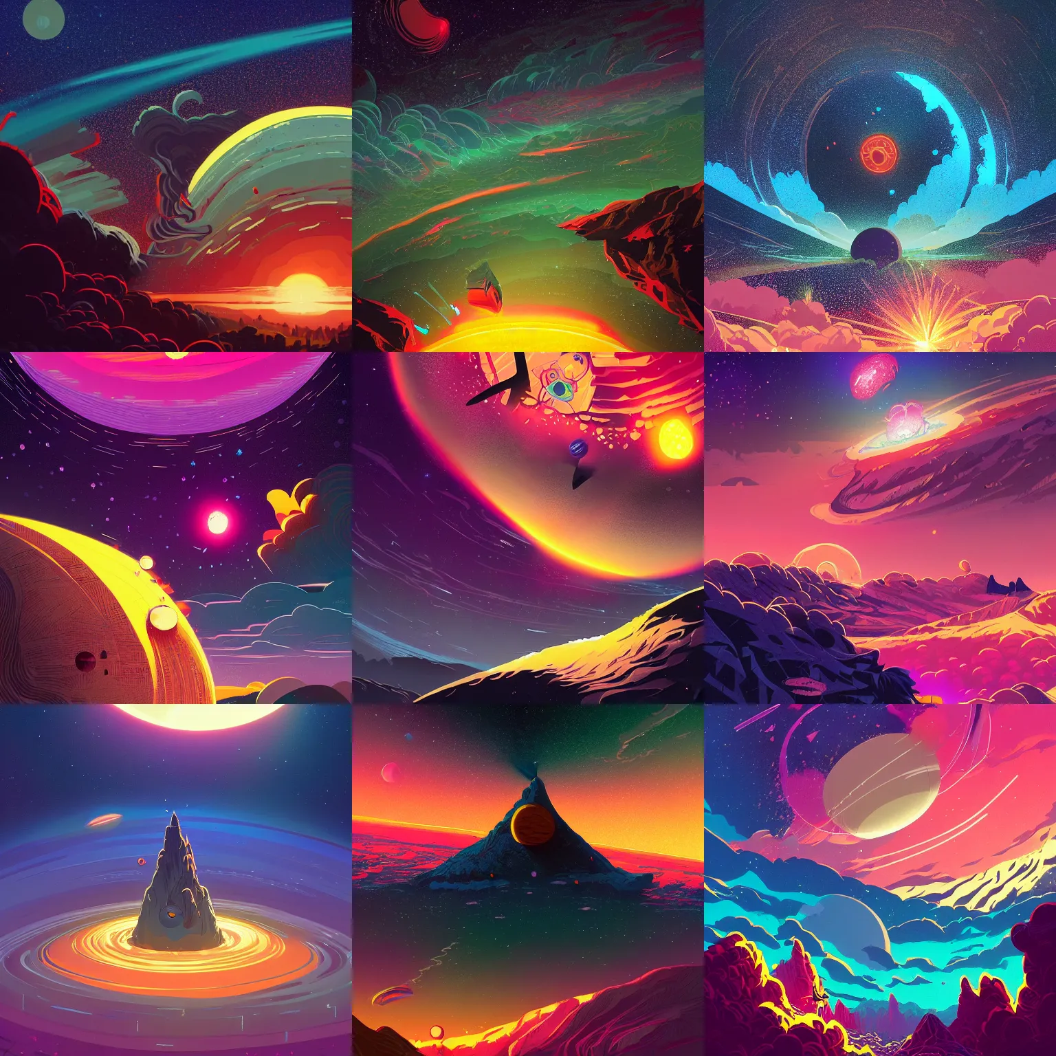 Image similar to a beautiful ultradetailed matte painting of a black hole swallowing a star, colorful and bright, clouds in the distance dark fantasy, d & d, artstation, art by petros afshar, tom whalen, laurie greasley and greg rutkowski and ilya kuvshinov