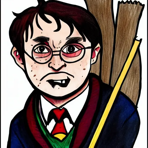 Image similar to harry potter is a bum in the streets of London, he waves with a stick and carries a broom, he looks like he is mad, caricature, pencil and alcohol markers