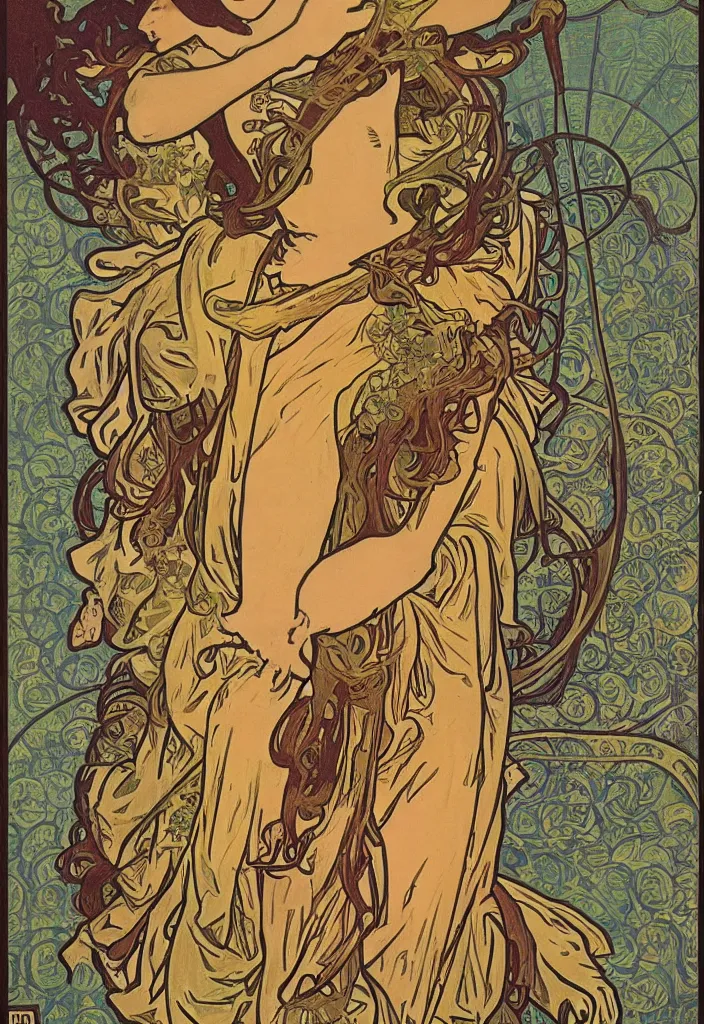 Prompt: the Fool on a tarot card, tarot in art style by Alphonse Mucha