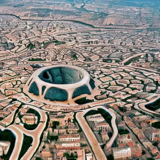 Image similar to ancient goth city with spiral-shaped streets drowns into insanity hyperreality hd 8k plane view