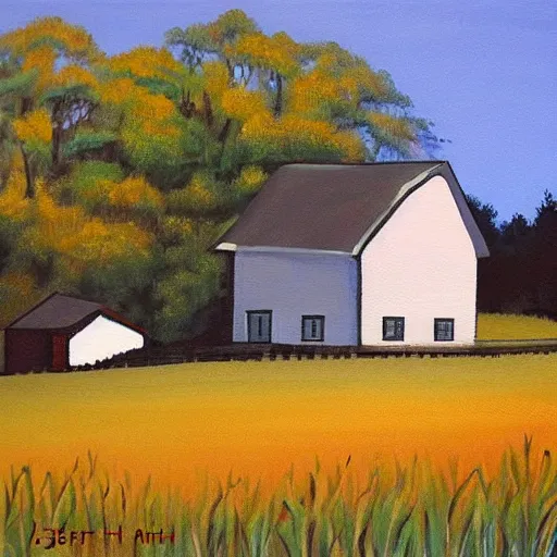 Image similar to farmhouse in the woods painted by jerry smith, acrylic painting