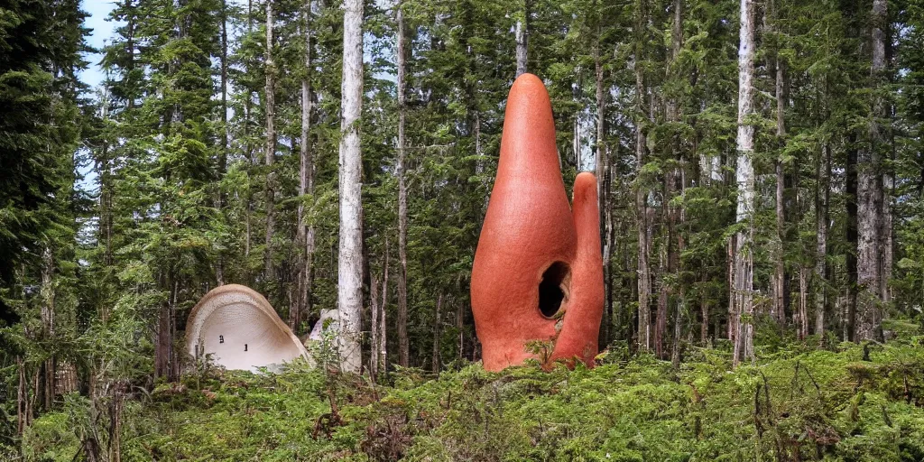 Prompt: large tower residence made from an enormous mushroom, washington state