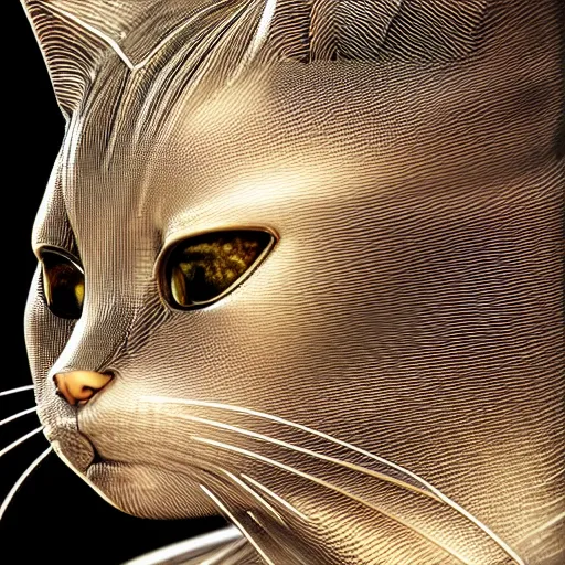 Image similar to gold and silver tones, cybernetic cat, style of moebius, james jean, rutkowski, cinematic, high detail, award winning, 8 k photorealistic