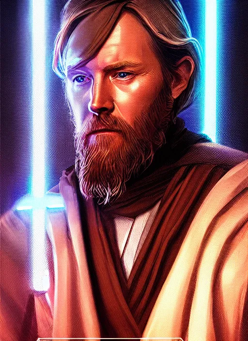 Image similar to a portrait of obi - wan kenobi as a jesus, cyberpunk, grim - lighting, high - contrast, intricate, elegant, highly detailed, digital painting, artstation, concept art, smooth, sharp focus, illustration