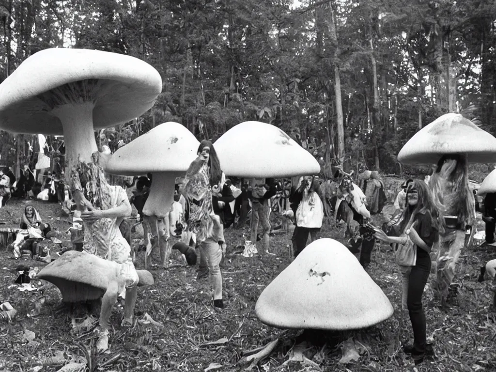 Image similar to 70s photo of giant mushroom smoking a joint at trippy psychedelic hippy festival Woodstock