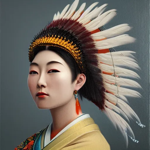 Image similar to beautiful japanese oil panting of a lady in headdress, rendered by octane, depth of field, ultra detailed, rococo, zen concept, trending on artstation, 8k