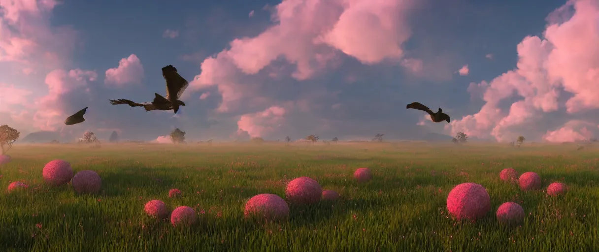 Prompt: lanscape of giant mechanical bird orbs with three eyes, pink sky, green grass, flowers, beautiful, stunning, serene, volumetric light, volumetric clouds, photography, color, intricate, extremely detailed, photorealistic, unreal engine 5