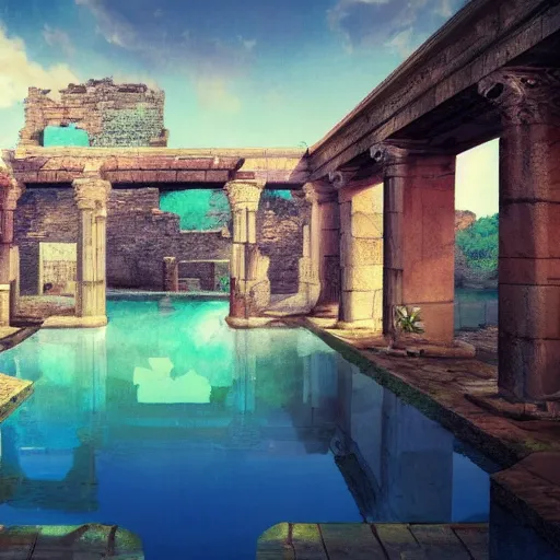 Prompt: a pool in a ancient ruins, retrowave art, trending on art station