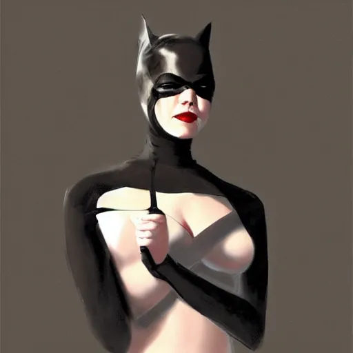 Prompt: Full-body portrait of Emma Stone as catwoman, trending on Artstation, realistic studio lighting, realistic shadows, by Noah Bradley