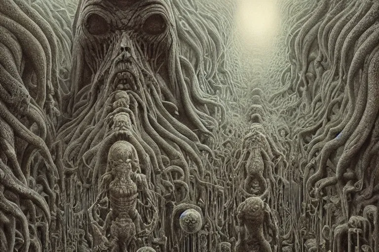 Image similar to the never-ending infinite hellscape, intricate, digital painting, artstation, concept art, smooth, sharp focus, illustration, art by Zdzislaw Beksinski and M. C. Escher and H. R. Giger