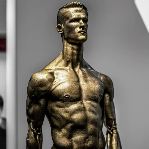 Image similar to a realistic detailed photo of a guy who is an attractive humanoid who is half robot and half humanoid, who is a male android, soccer players martin ødegaard & timo werner, shiny skin, posing like a statue, blank stare, in a museum, on display, showing off his muscles, gold soccer shorts, no jersey, several of them lined up, statue