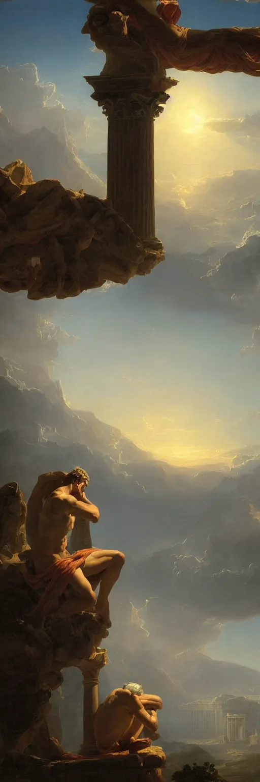 Prompt: a sublime and awe-inspiring Thomas Cole style matte painting of Zeus contemplating humanity's predicament atop an enormous Greco-Roman column while the sun sets upon Mount Olympus in the distance