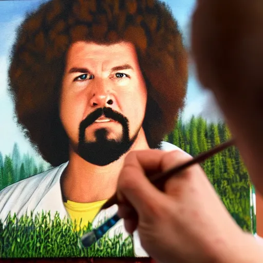 Image similar to a closeup photorealistic photograph of bob ross putting the finishing touches on a canvas painting of kenny powers. mountains and trees. film still. brightly lit scene. this 4 k hd image is trending on artstation, featured on behance, well - rendered, extra crisp, features intricate detail, epic composition and the style of unreal engine.