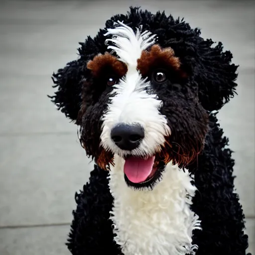 Image similar to a closeup photorealistic photograph of a cute smiling knitted bernedoodle judge dog dressed in a black gown, presiding over the courthouse. indoors, professional capture, well lit shot. this 4 k hd image is trending on artstation, featured on behance, well - rendered, extra crisp, features intricate detail, epic composition and the style of unreal engine.