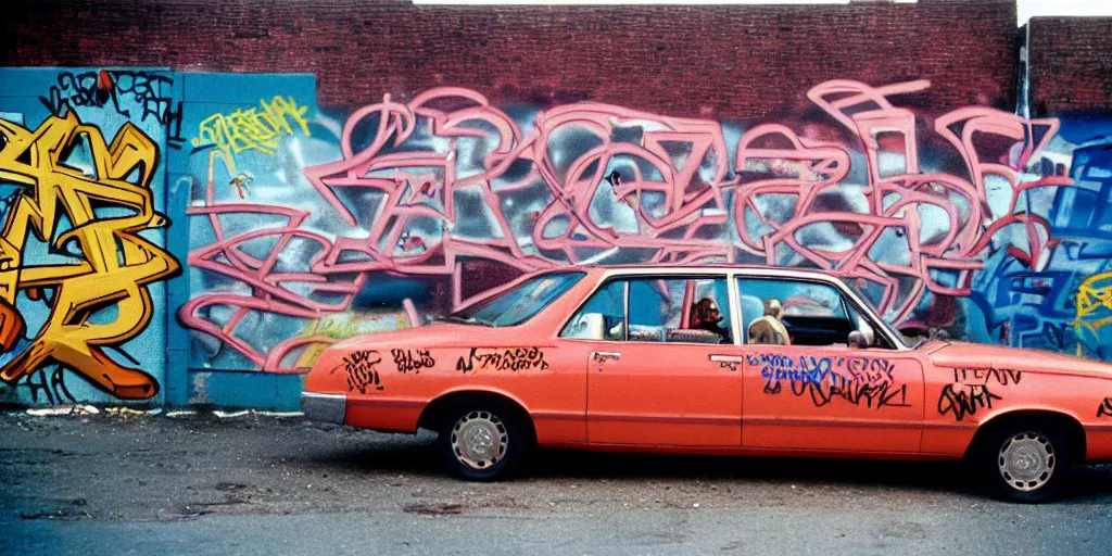 Image similar to bronx, gang in the 7 0 s car, closeup graffiti on the wall, coloured film photography, 3 5 mm film, bruce davidson photography, willy spiller photography