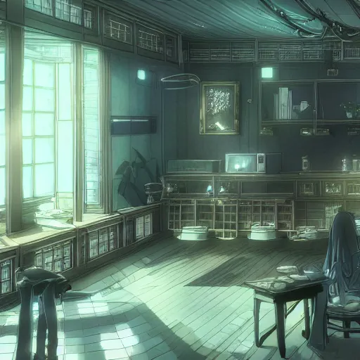 Image similar to interior of the melancholic nursing home, anime fantasy illustration by tomoyuki yamasaki, kyoto studio, madhouse, ufotable, square enix, cinematic lighting, trending on artstation