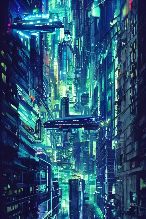 Prompt: cyberpunk buildings with a flight vehicle glowing in the sky, neon sign, bottom view ， bladerunner, by ryan hewett
