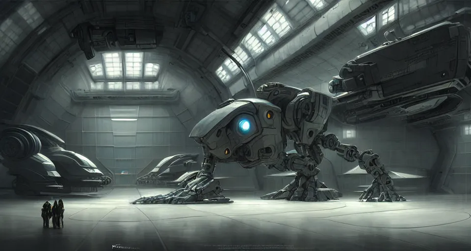 Image similar to hyper realistic sci - fi matte concept art painting of a mecha in a starship hanger, beautiful details, strong composition painted by kim jung guweta studio rutkowski, james gurney and greg rutkowski, and lucasfilm, smooth, intricate, detailed, sharp focus, cinematic