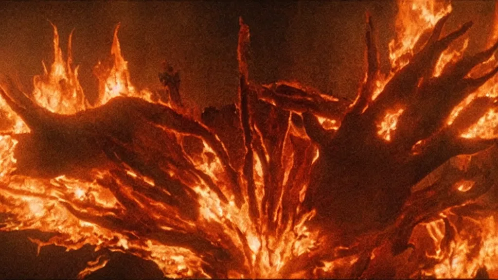 Image similar to a giant hand made of blood and fire floats through the living room, film still from the movie directed by Denis Villeneuve with art direction by Salvador Dalí, wide lens