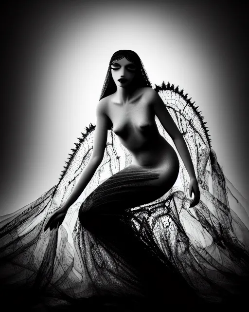 Image similar to surreal mythical dreamy dark artistic black and white fine art photo of a beautiful young female angel - mermaid - cyborg covered with translucent algae lace web, rim light, cinematic, studio dramatic light, poetic, octane render, 8 k, photo - realistic, by floria sigismondi