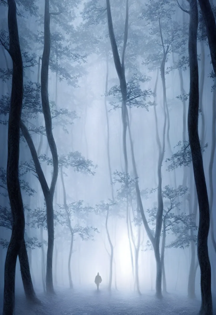 Image similar to backlit path in the middle of a frozen winter morning forest, treelined, fog, matte painting, mystical, ultra high definition, ultra detailed, matte painting, by greg rutkowski and ross tran and wlop