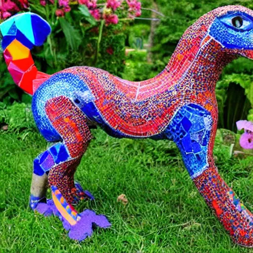 Image similar to mosaic sculpture of a alebrije chimera!!!, irregularly shaped large mosaic tiles, recycled pottery shards, in the style of folk art, in a cottagecore flower garden