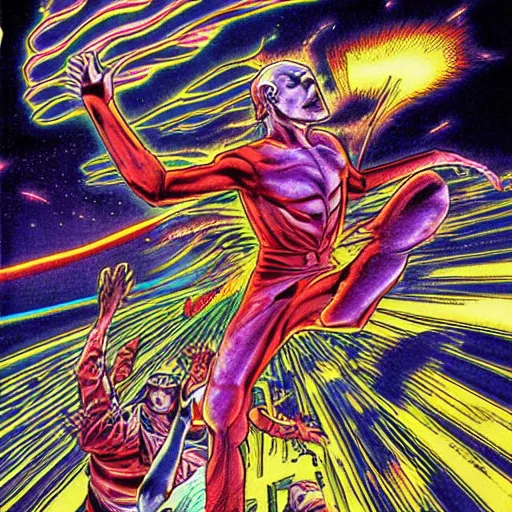 Image similar to random dreams of a mersenne twister, manga comic book cover, action, explosions, by alex grey