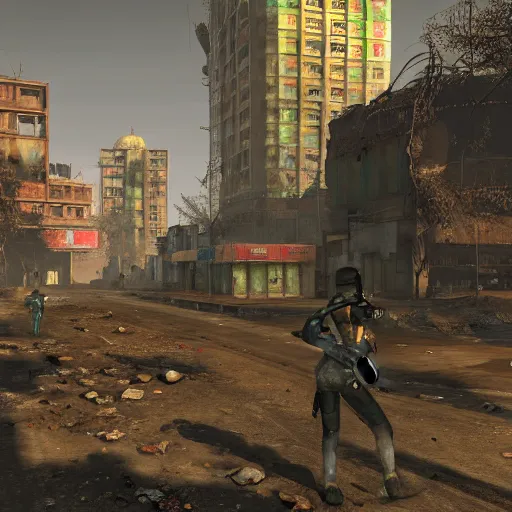 Image similar to new delhi, india in ruins post - nuclear war in fallout 4, in game screenshot