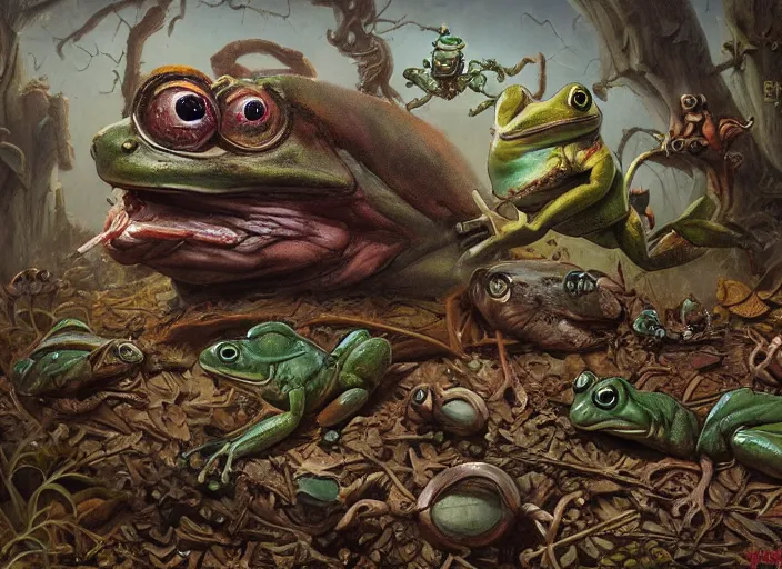 Prompt: frogs and mice, lowbrow, matte painting, 3 - d highly detailed, style of greg simkins r,