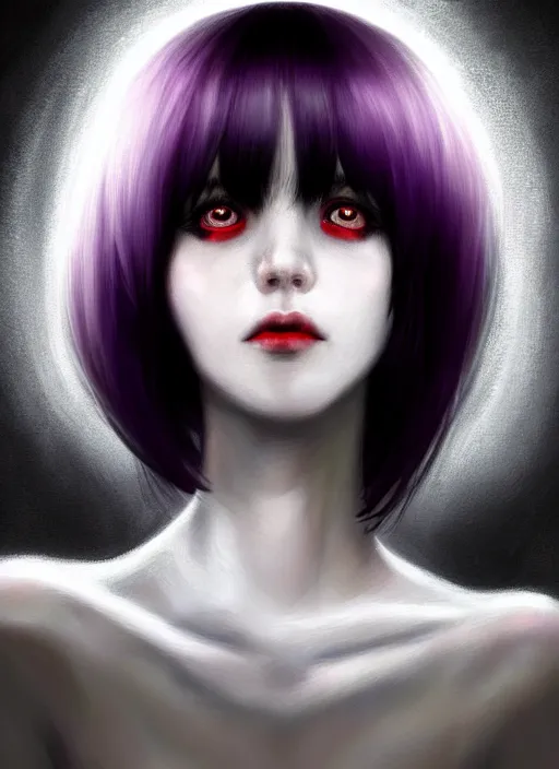 Image similar to portrait of teenage girl, red irises, red eyes, black hair, black and white hair, white bangs, purple clothes, white bangs, bangs, black hair and white bangs, intricate, elegant, glowing lights, highly detailed, digital painting, artstation, concept art, smooth, sharp focus, illustration, art by wlop, mars ravelo and greg rutkowski