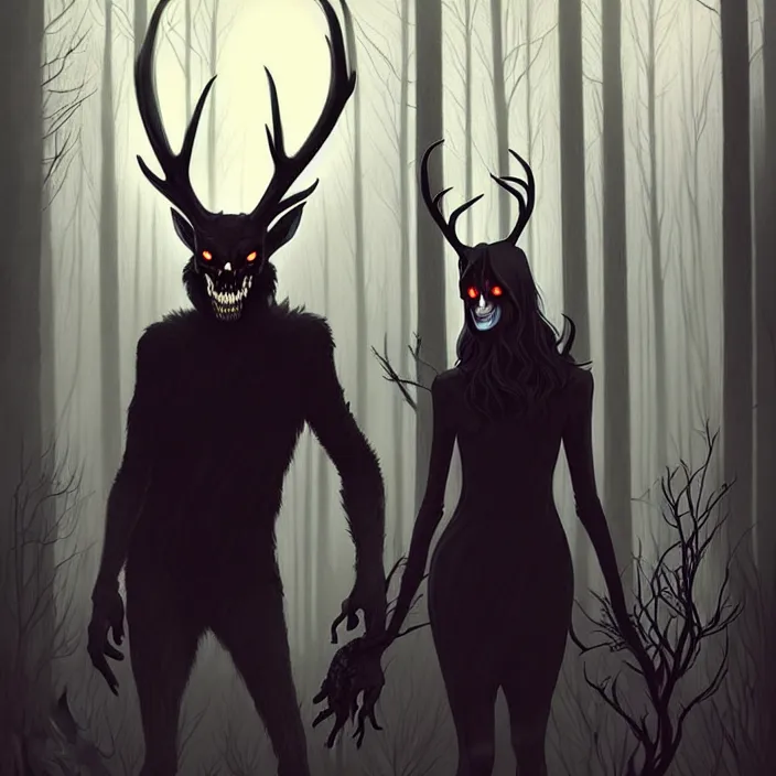 Image similar to style artgerm, joshua middleton, diego fazio, marc simonetti : : scary wendigo with antlers and skull face mixed with werewolf : : [ [ beautiful witch wearing a black dress, symmetrical face, on the right side ] ] : : in the forest, detailed, dark and foggy, cinematic lighting