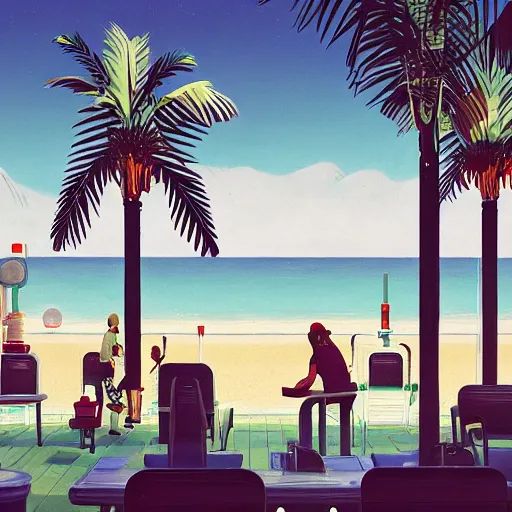 Prompt: inside diner at the beach and palm trees by simon stalenhag