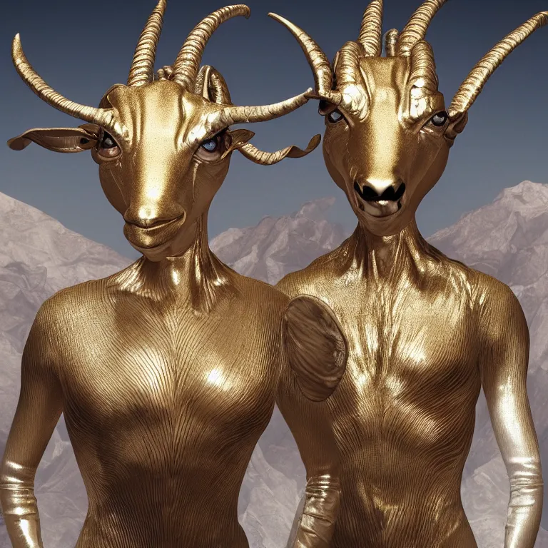 Image similar to octane render portrait by national geographic and wayne barlow and carlo crivelli and glenn fabry, a goat - headed evil demon wearing a tight iridescent silver latex suit, covered in liquid gold, cinema 4 d, ray traced lighting, very short depth of field, bokeh