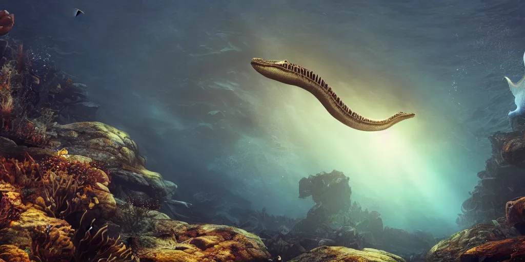 Prompt: underwater view of a long neck prehistoric ocean reptile, octane render, cinema 4 d, light rays, cinematic lighting, golden ratio, underwater photography, realistic, volumetric lighting, wildlife documentary, by greg rutkowski