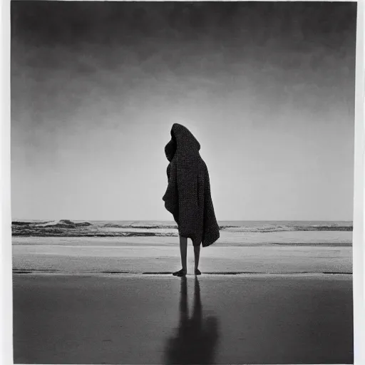 Image similar to Conceptual Art glitch girl wrapped in a blanket and very very tall monster looks into the distance on the beach, in the rain, style of Hiroshi Sugimoto, atmospheric,