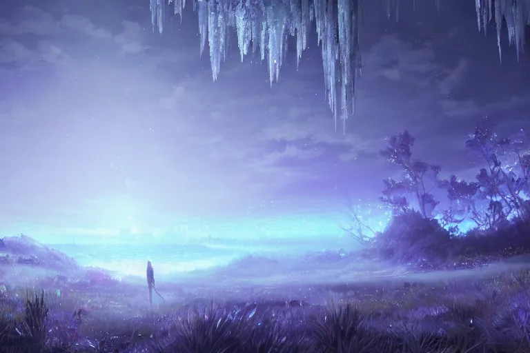 Prompt: scenery artwork, scene beautiful, light essence bioluminescent acrylic and cold nier automata pixiv scenery artwork : nature dream wire vegetation magic density infinite, macro seminal dream points of icy, frozen vaporwave shards tempted to turn into a dream scenery, high quality topical render, nier automata, concept art