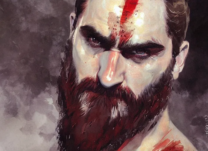 Prompt: a highly detailed beautiful portrait of joaquin phoenix as kratos, by gregory manchess, james gurney, james jean