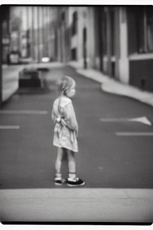 Image similar to photo polaroid of sad and lonely child in the middle of an empty street in a big city, photorealistic, 35mm film, black and white, polaroid,