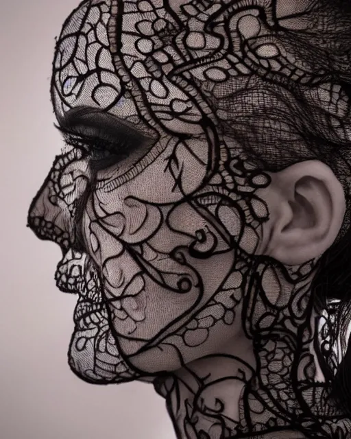 Image similar to a woman's face in profile, made of intricate decorative lace skeleton, in the style of the dutch masters and gregory crewdson, dark and moody