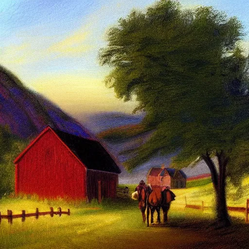 Prompt: Jefferson and Washington walking inside amish houses among hills and fields, pastel style painting