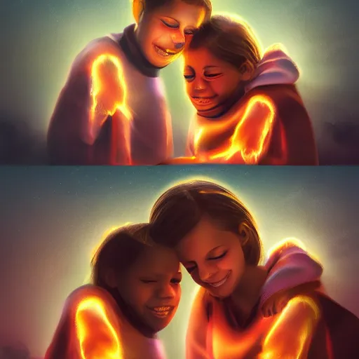 Image similar to A family hugging each other for the last time as the world is ending, meteors are falling from the sky, everything is on fire, dramatic lighting, digital art, very very very very very very beautiful, 8K, dark lighting, trending on Artstation, award winning