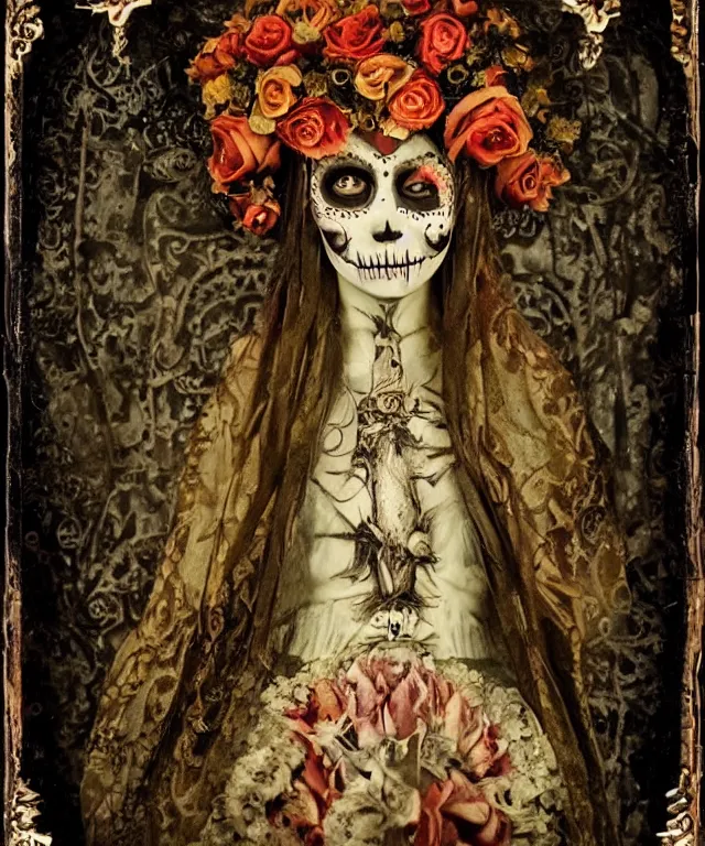 Image similar to tintype virgin mary in dia de muertos dress and make up, horrific beautiful vibe, evocative, atmospheric lighting, painted, intricate, highly detailed, leesha hannigan, wayne haag, reyna rochin, ignacio fernandez rios, mark ryden, iris van herpen, artstation, cgsociety