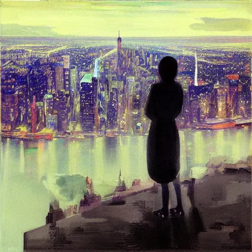 Image similar to “ a girl looking down at a futuristic new york city below, ghostpunk, detailed face, oil painting, studio ghibli, by george bellows ”