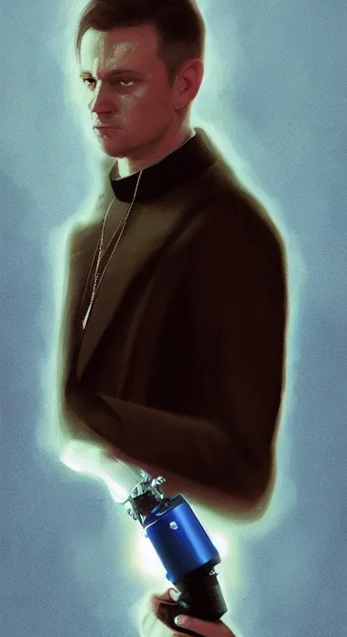 Prompt: portrait of a dj, catholic saint, with advanced robot prosthetic arm, with piercing blue eyes, dramatic light, cinematic background, depth, high detail, digital art, 4 k, painted by greg rutkowski and quentin tarantino, trending on artstation