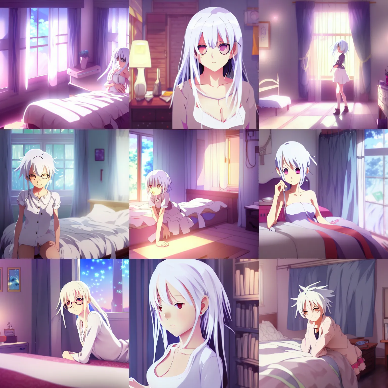 Prompt: high quality anime visual of a cute girl with white hair in her room interior, by makoto shinkai, crunchyroll, pixiv, danbooru, hd, detailed anime face, cel shaded, smoothed lip line, digital art, ambient lighting