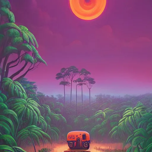 Image similar to beautiful painting of a giant printer in the middle of a jungle in the style of Simon Stålenhag