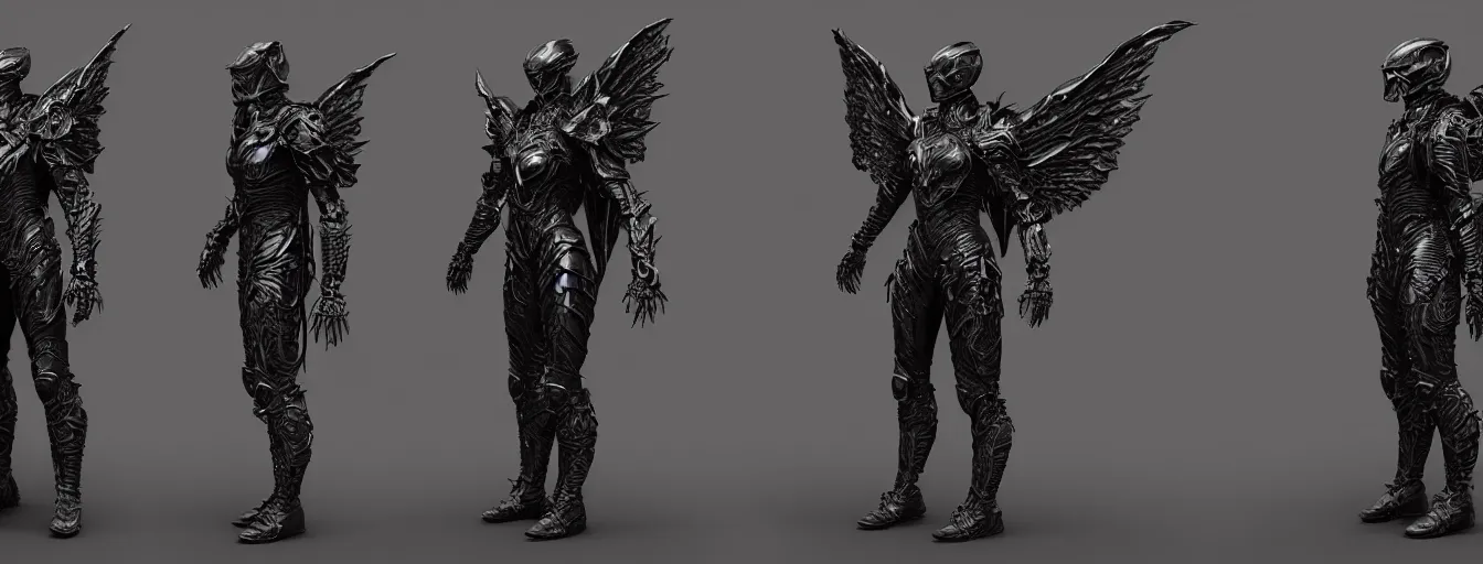 Prompt: winged infernal batwing armor suit humanoid character sheet, elden ring themed dark sf, intricate artwork masterpiece, ominous, dramatic horror cinematic lighting, volumetric 8 k, by josan gonzalez, alexey egorov, kilian eng, trending on cgsociety, octane render, 8 k