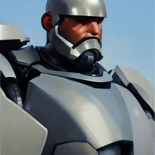 Image similar to greg manchess portrait painting of james murphy the robocop as overwatch character, 8 0 ies aesthetic, medium shot, asymmetrical, profile picture, organic painting, sunny day, matte painting, bold shapes, hard edges, street art, trending on artstation, by huang guangjian and gil elvgren and sachin teng